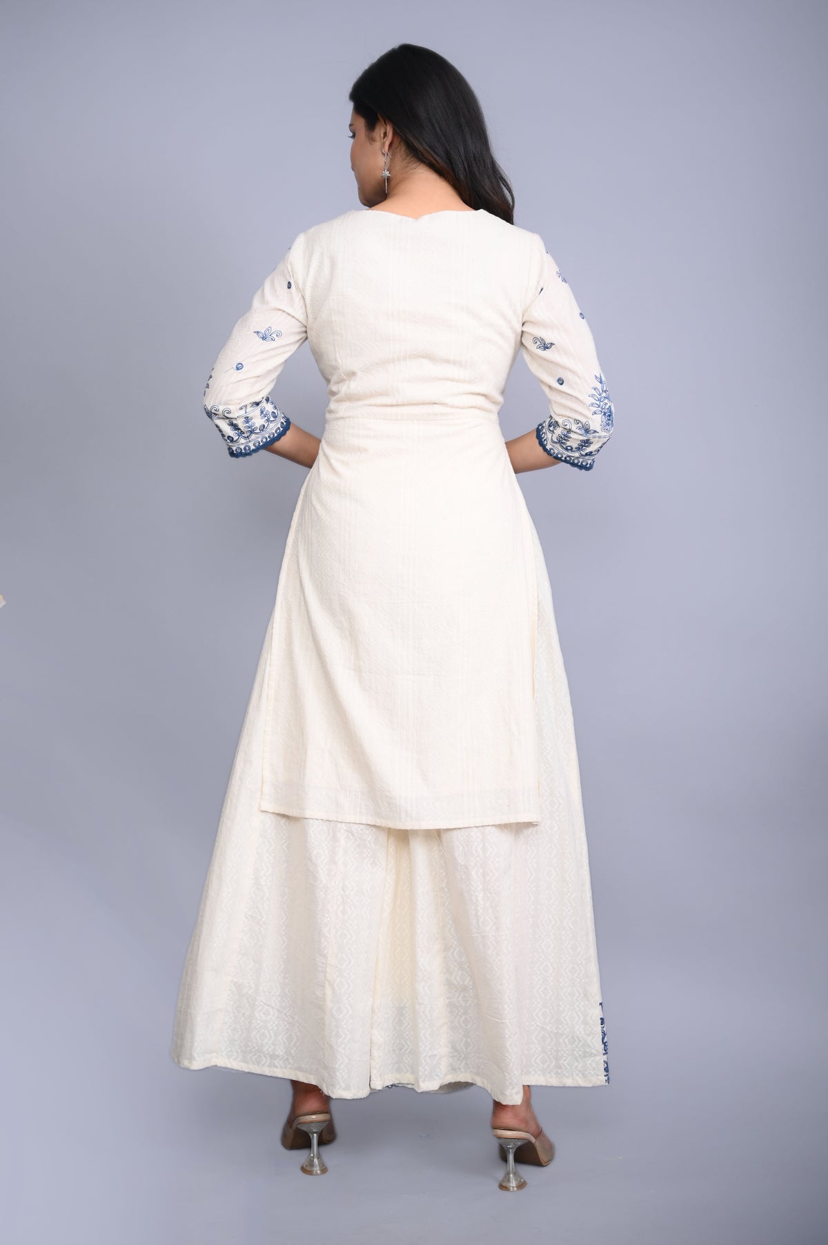 Juniper Women's White Cotton Dobby Embroidered Short Kurta Palazzo & Chiffon Dupatta | Grocsy