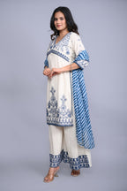 Juniper Women's White Cotton Dobby Embroidered Short Kurta Palazzo & Chiffon Dupatta | Grocsy