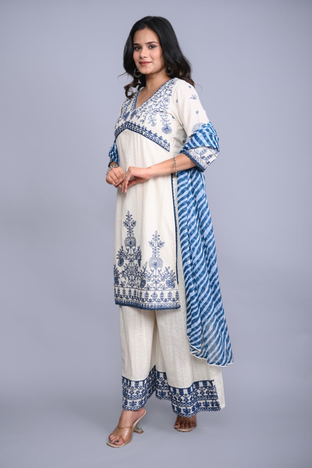 Juniper Women's White Cotton Dobby Embroidered Short Kurta Palazzo & Chiffon Dupatta | Grocsy