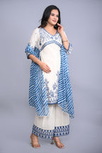 Juniper Women's White Cotton Dobby Embroidered Short Kurta Palazzo & Chiffon Dupatta | Grocsy