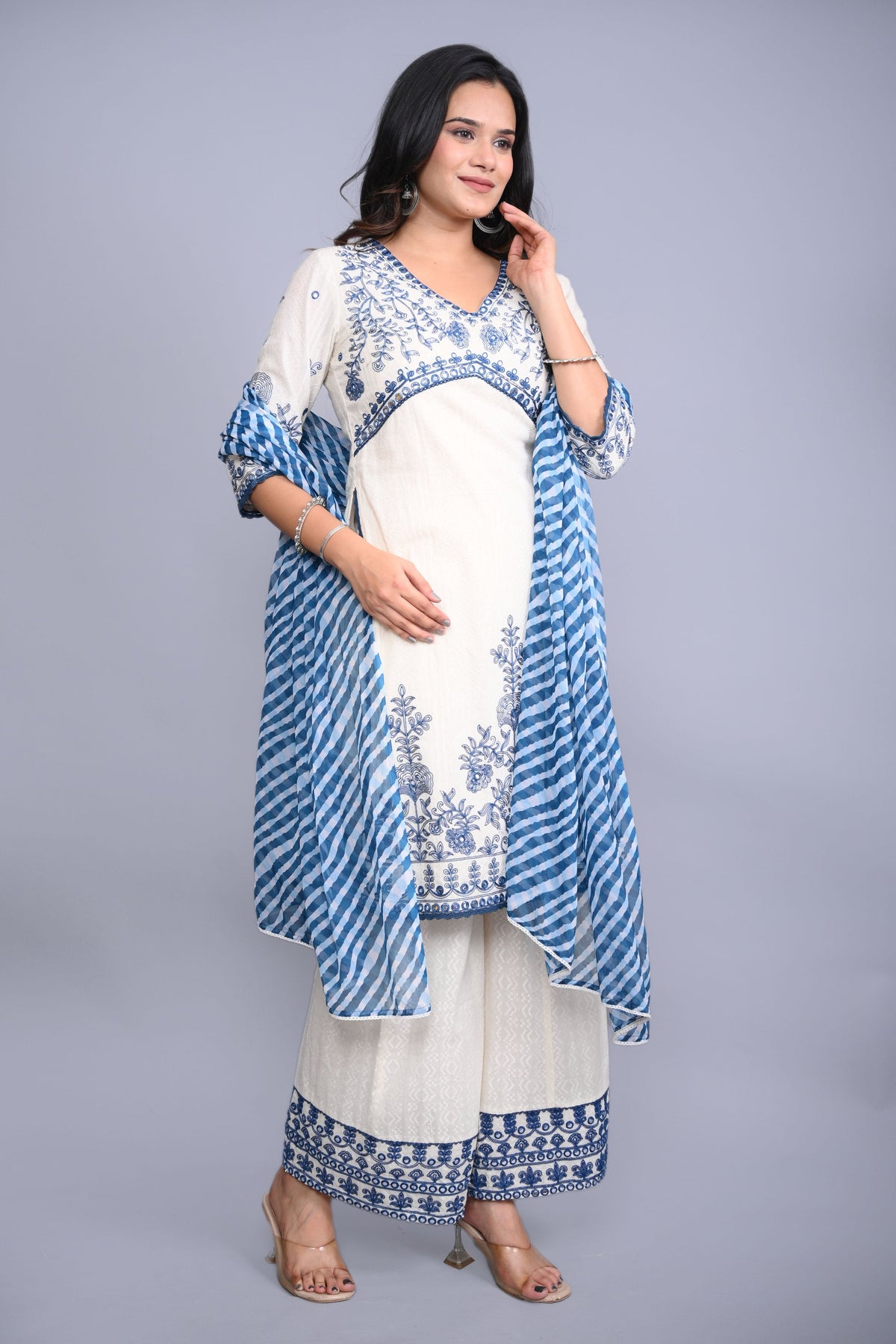 Juniper Women's White Cotton Dobby Embroidered Short Kurta Palazzo & Chiffon Dupatta | Grocsy