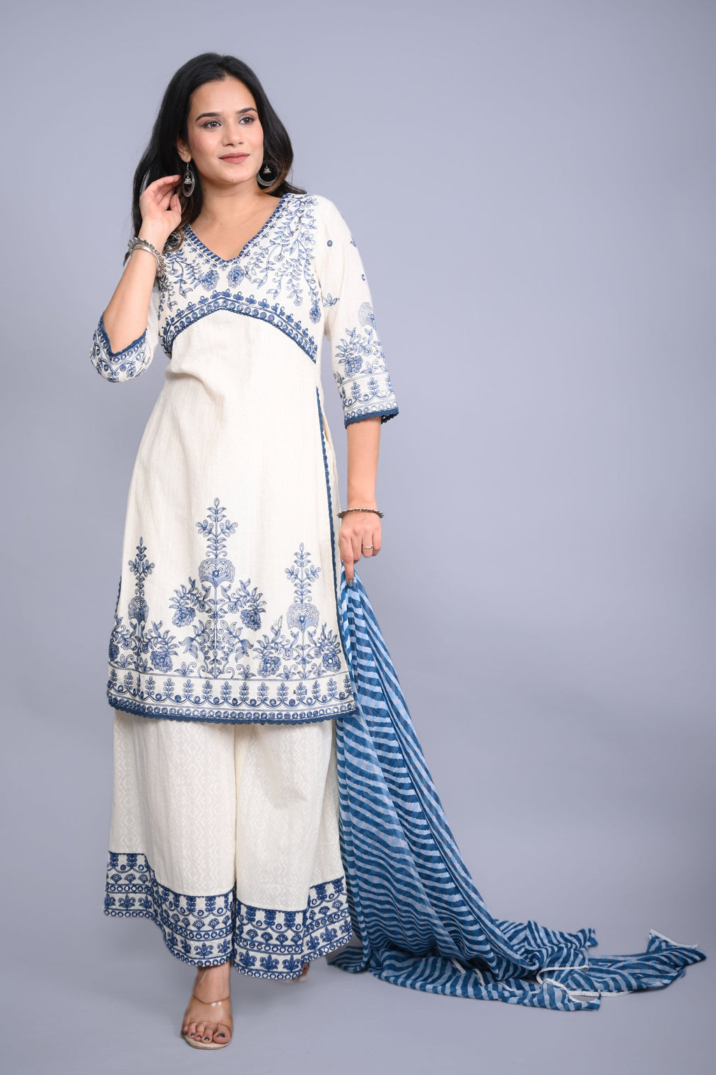 Juniper Women's White Cotton Dobby Embroidered Short Kurta Palazzo & Chiffon Dupatta | Grocsy