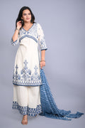 Juniper Women's White Cotton Dobby Embroidered Short Kurta Palazzo & Chiffon Dupatta | Grocsy