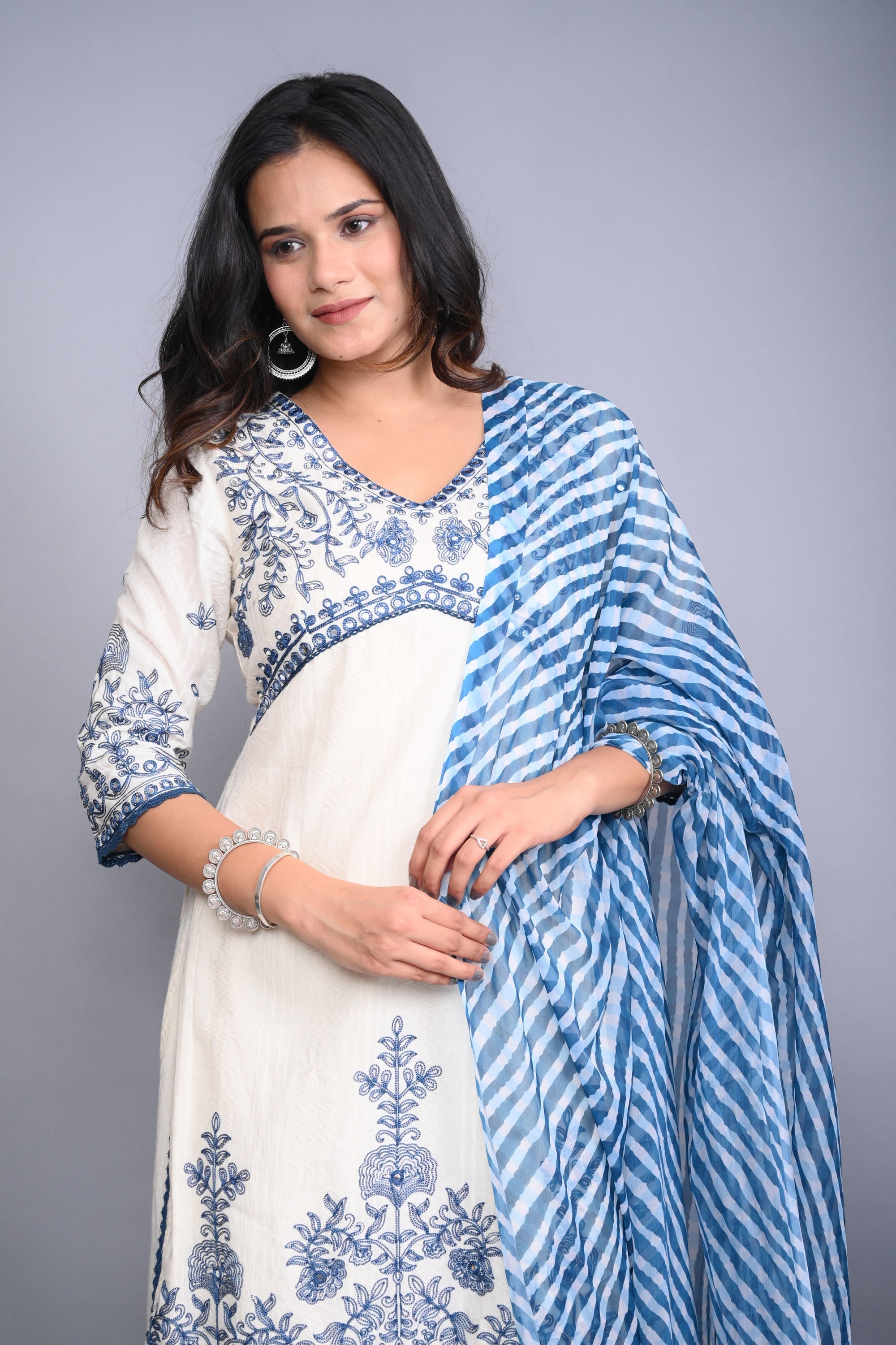 Juniper Women's White Cotton Dobby Embroidered Short Kurta Palazzo & Chiffon Dupatta | Grocsy
