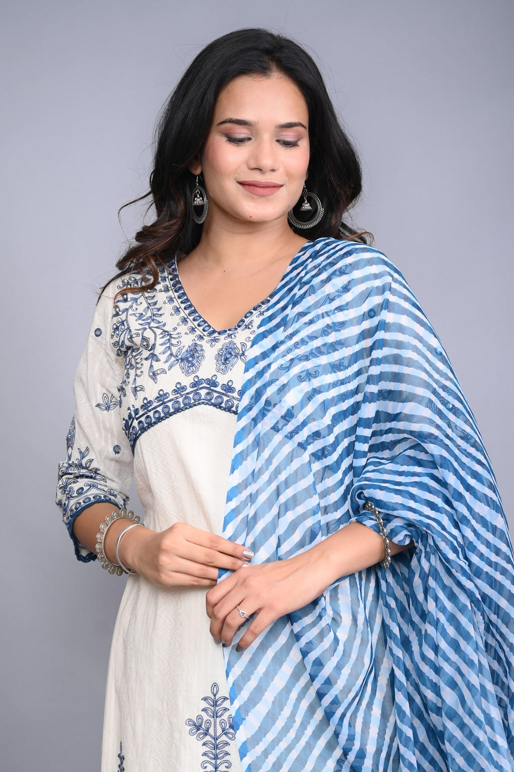 Juniper Women's White Cotton Dobby Embroidered Short Kurta Palazzo & Chiffon Dupatta | Grocsy