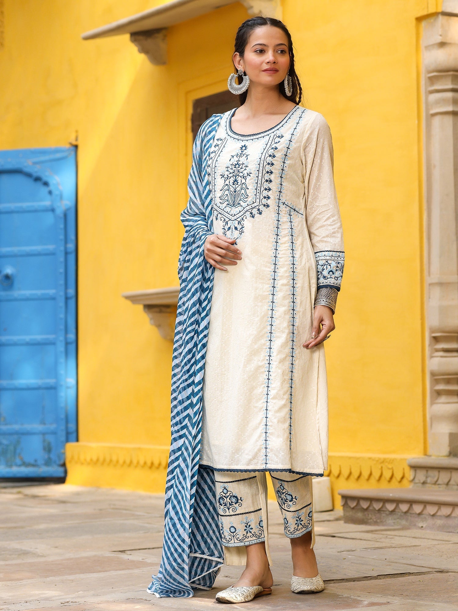 Juniper Women's White Pure Cotton Embroidered Kurta Set | Grocsy