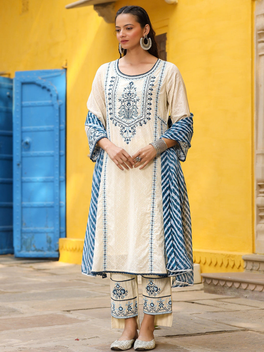 Juniper Women's White Pure Cotton Embroidered Kurta Set | Grocsy