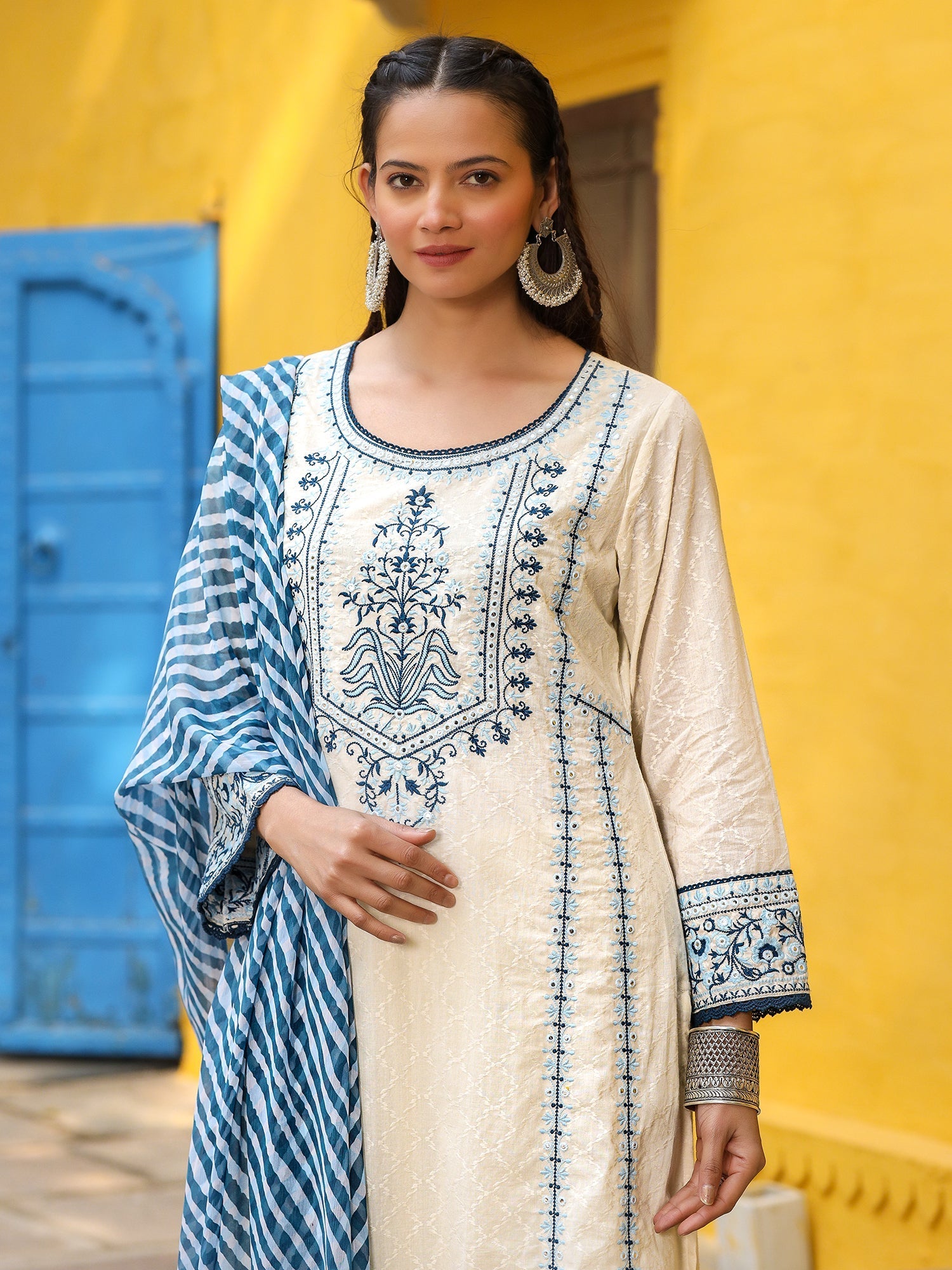 Juniper Women's White Pure Cotton Embroidered Kurta Set | Grocsy
