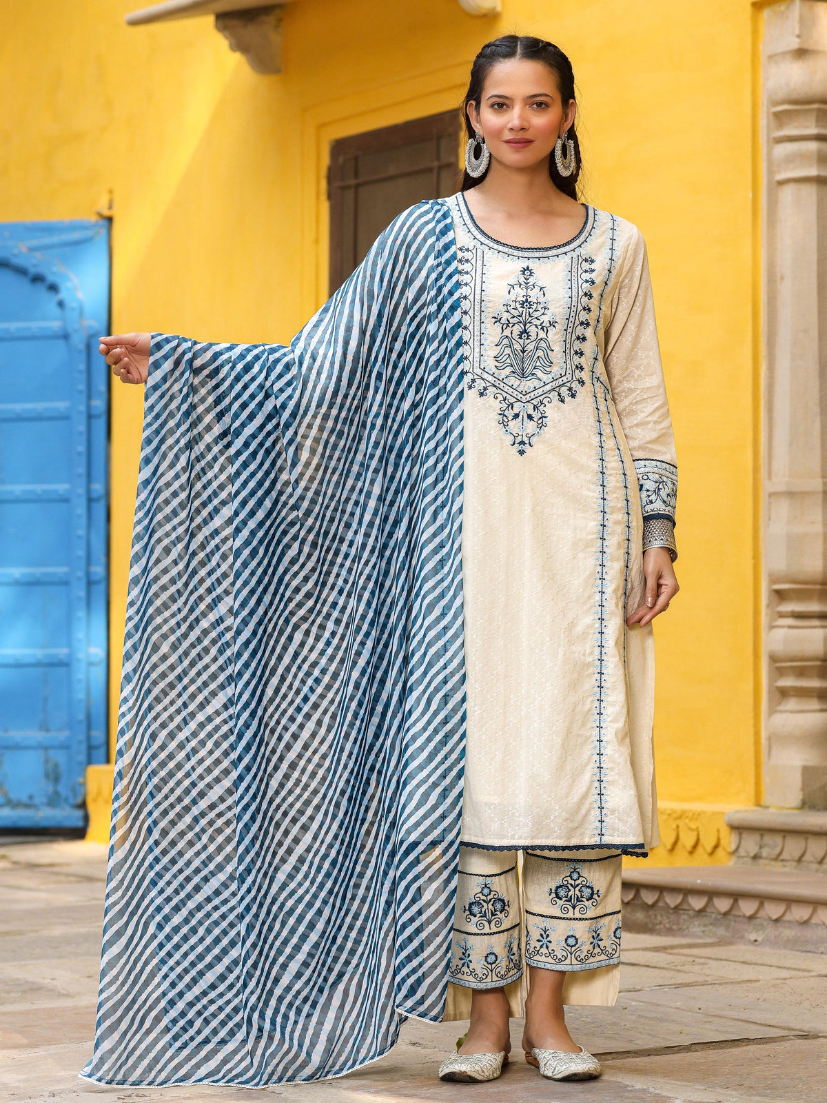 Juniper Women's White Pure Cotton Embroidered Kurta Set | Grocsy