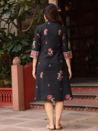 Juniper Black Floral Printed A-Line Pleated Cotton Dress With Kantha Work & Tassels | Grocsy