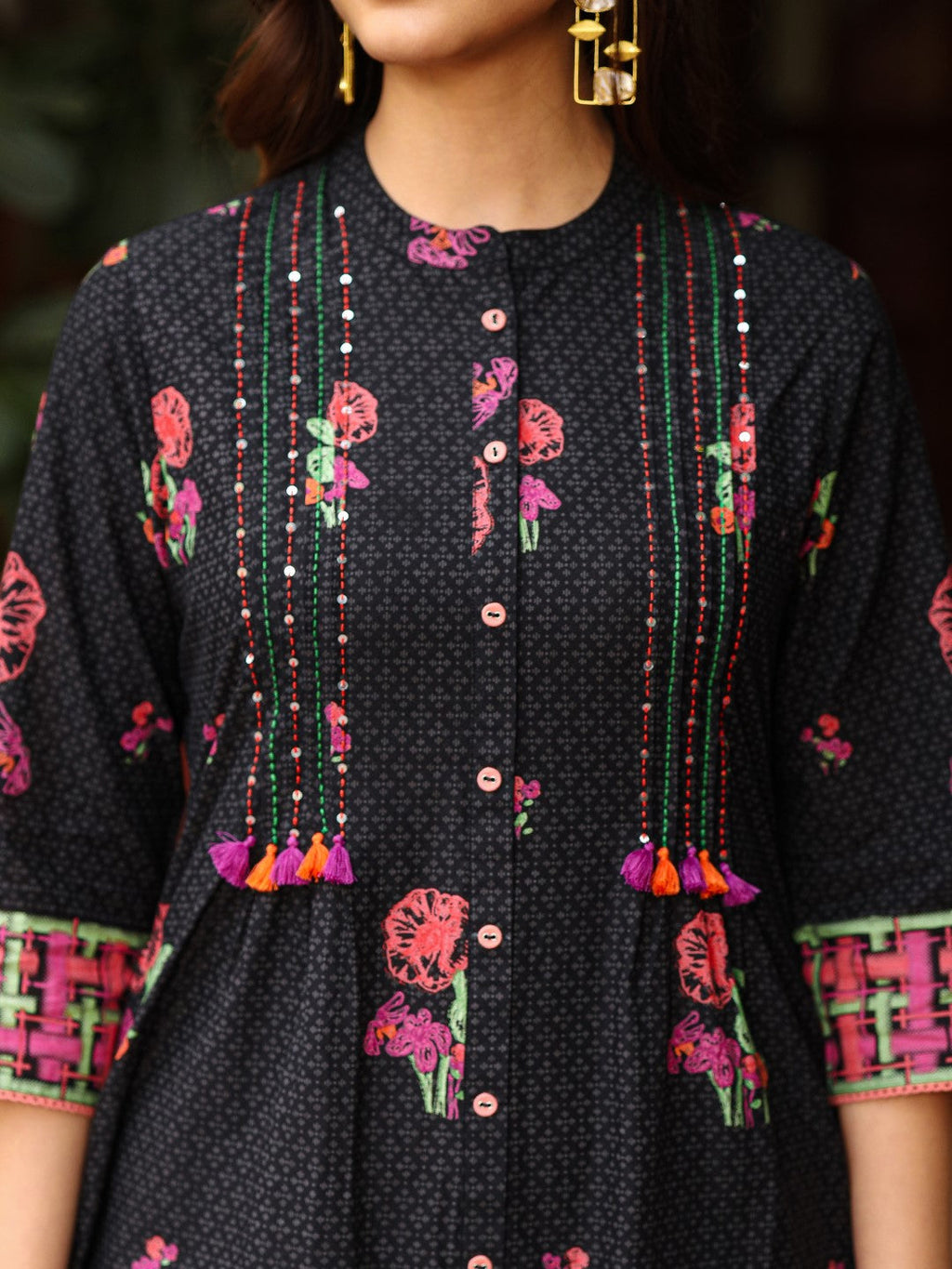 Juniper Black Floral Printed A-Line Pleated Cotton Dress With Kantha Work & Tassels | Grocsy