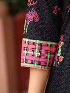 Juniper Black Floral Printed A-Line Pleated Cotton Dress With Kantha Work & Tassels | Grocsy