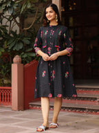 Juniper Black Floral Printed A-Line Pleated Cotton Dress With Kantha Work & Tassels | Grocsy