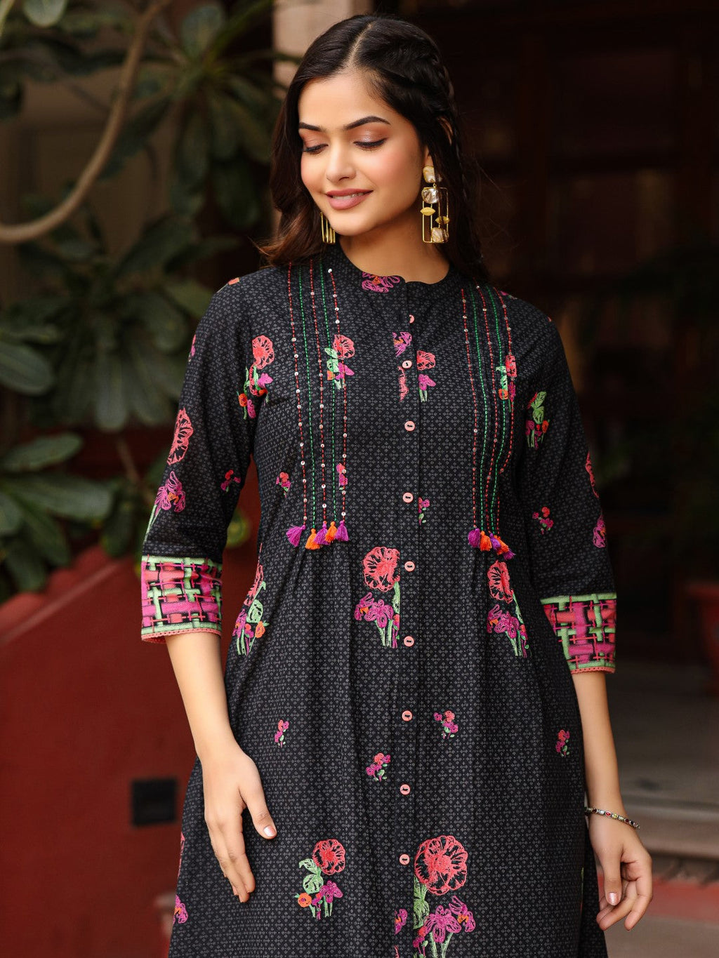 Juniper Black Floral Printed A-Line Pleated Cotton Dress With Kantha Work & Tassels | Grocsy