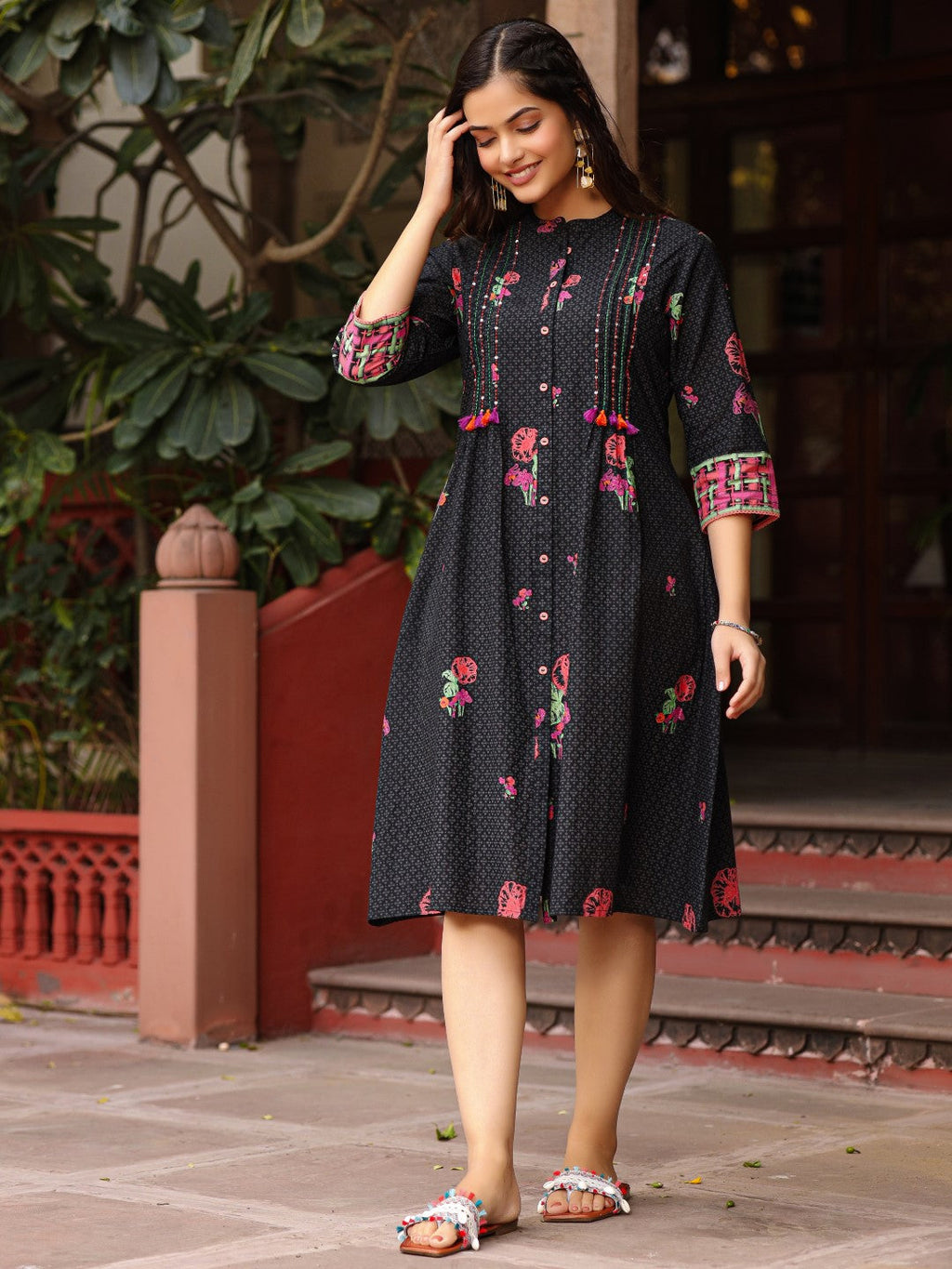 Juniper Black Floral Printed A-Line Pleated Cotton Dress With Kantha Work & Tassels | Grocsy