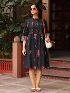Juniper Black Floral Printed A-Line Pleated Cotton Dress With Kantha Work & Tassels | Grocsy
