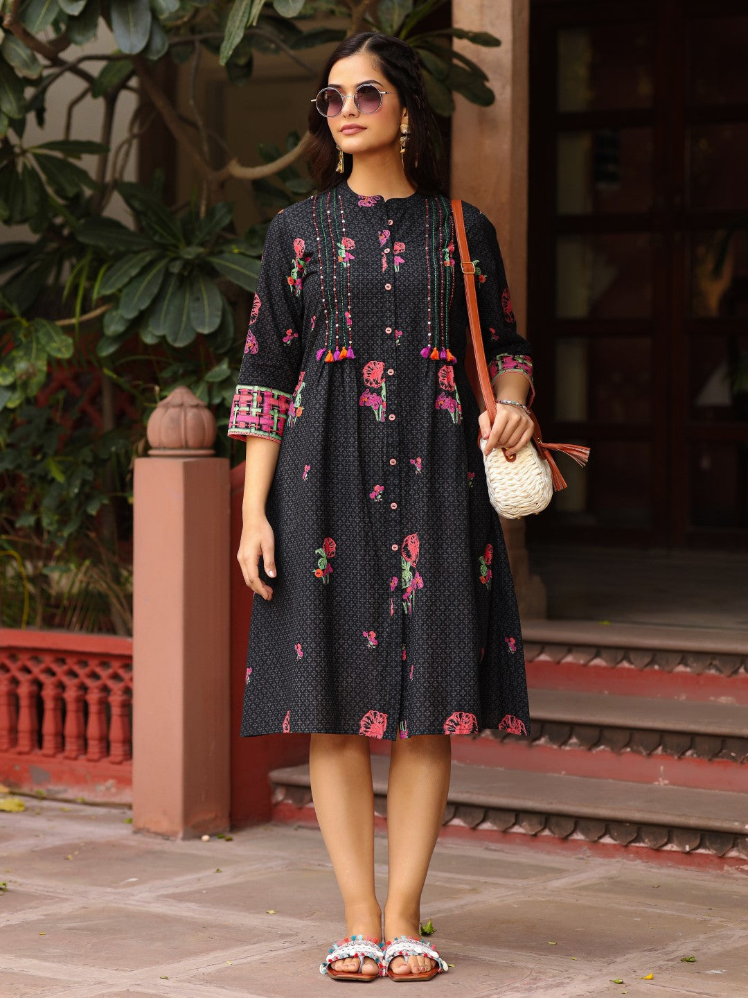 Juniper Black Floral Printed A-Line Pleated Cotton Dress With Kantha Work & Tassels | Grocsy