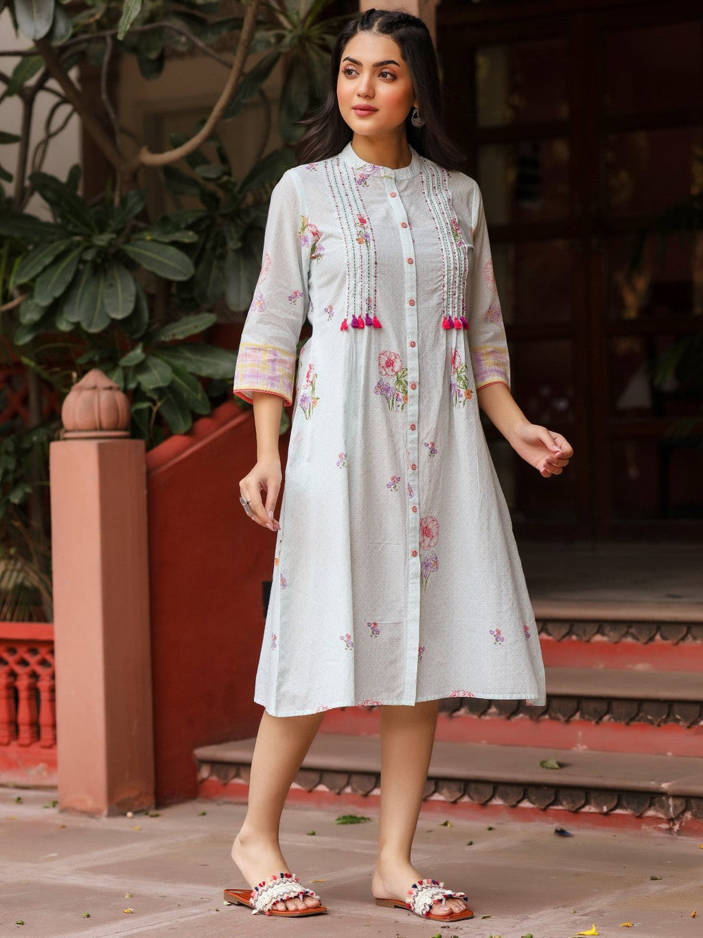 Juniper Mint Floral Printed Pure Cotton Dress With Sequins Work | Grocsy