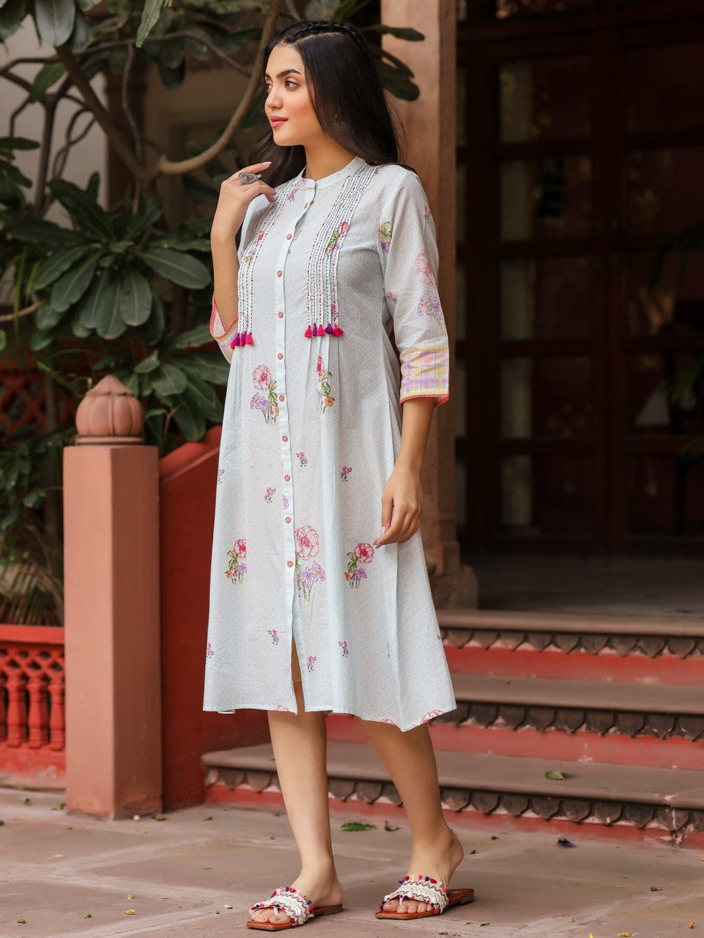 Juniper Mint Floral Printed Pure Cotton Dress With Sequins Work | Grocsy