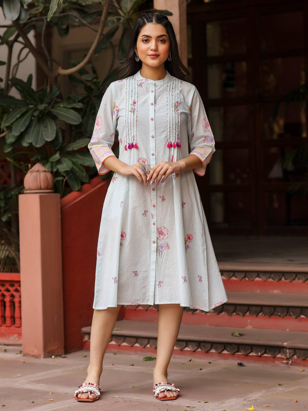Juniper Mint Floral Printed Pure Cotton Dress With Sequins Work | Grocsy