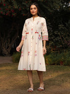 Juniper White Floral Printed A-Line Pleated Cotton Dress With Kantha Work & Tassels | Grocsy