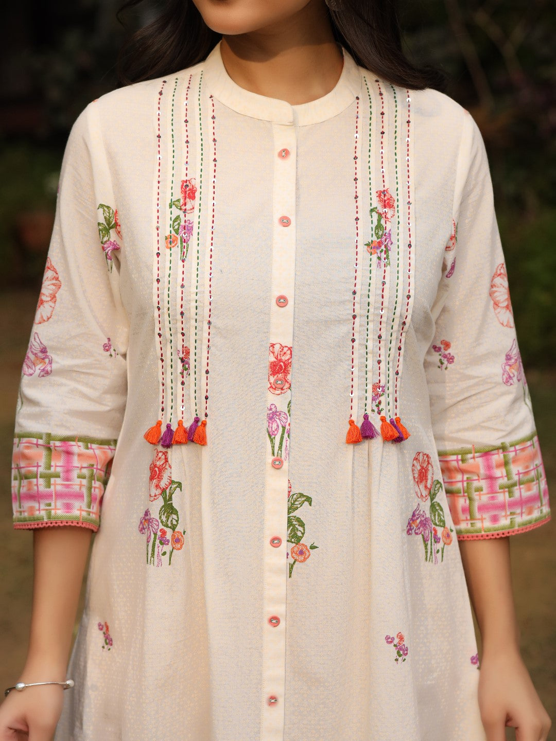 Juniper White Floral Printed A-Line Pleated Cotton Dress With Kantha Work & Tassels | Grocsy