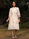 Juniper White Floral Printed A-Line Pleated Cotton Dress With Kantha Work & Tassels | Grocsy