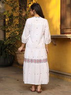 Juniper White Pure Cotton Tiered Maxi Dress With Multi-Colored Embroidery Work | Grocsy
