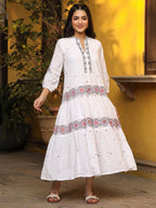 Juniper White Pure Cotton Tiered Maxi Dress With Multi-Colored Embroidery Work | Grocsy