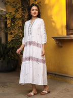 Juniper White Pure Cotton Tiered Maxi Dress With Multi-Colored Embroidery Work | Grocsy