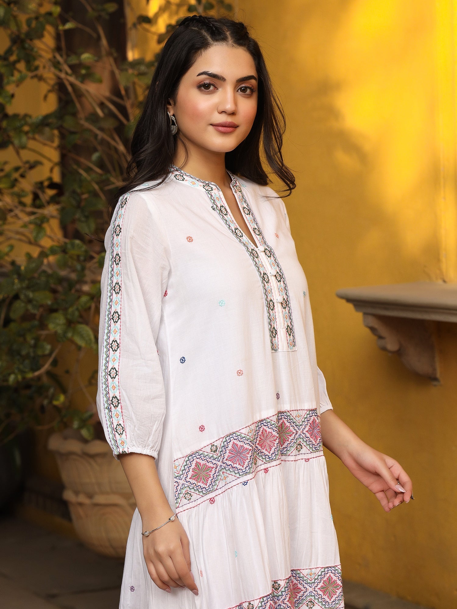 Juniper White Pure Cotton Tiered Maxi Dress With Multi-Colored Embroidery Work | Grocsy