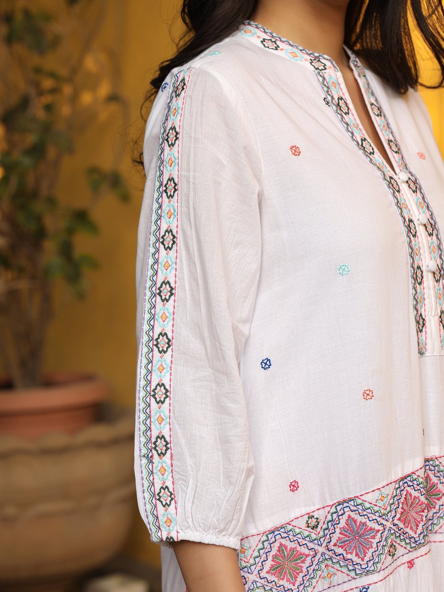 Juniper White Pure Cotton Tiered Maxi Dress With Multi-Colored Embroidery Work | Grocsy