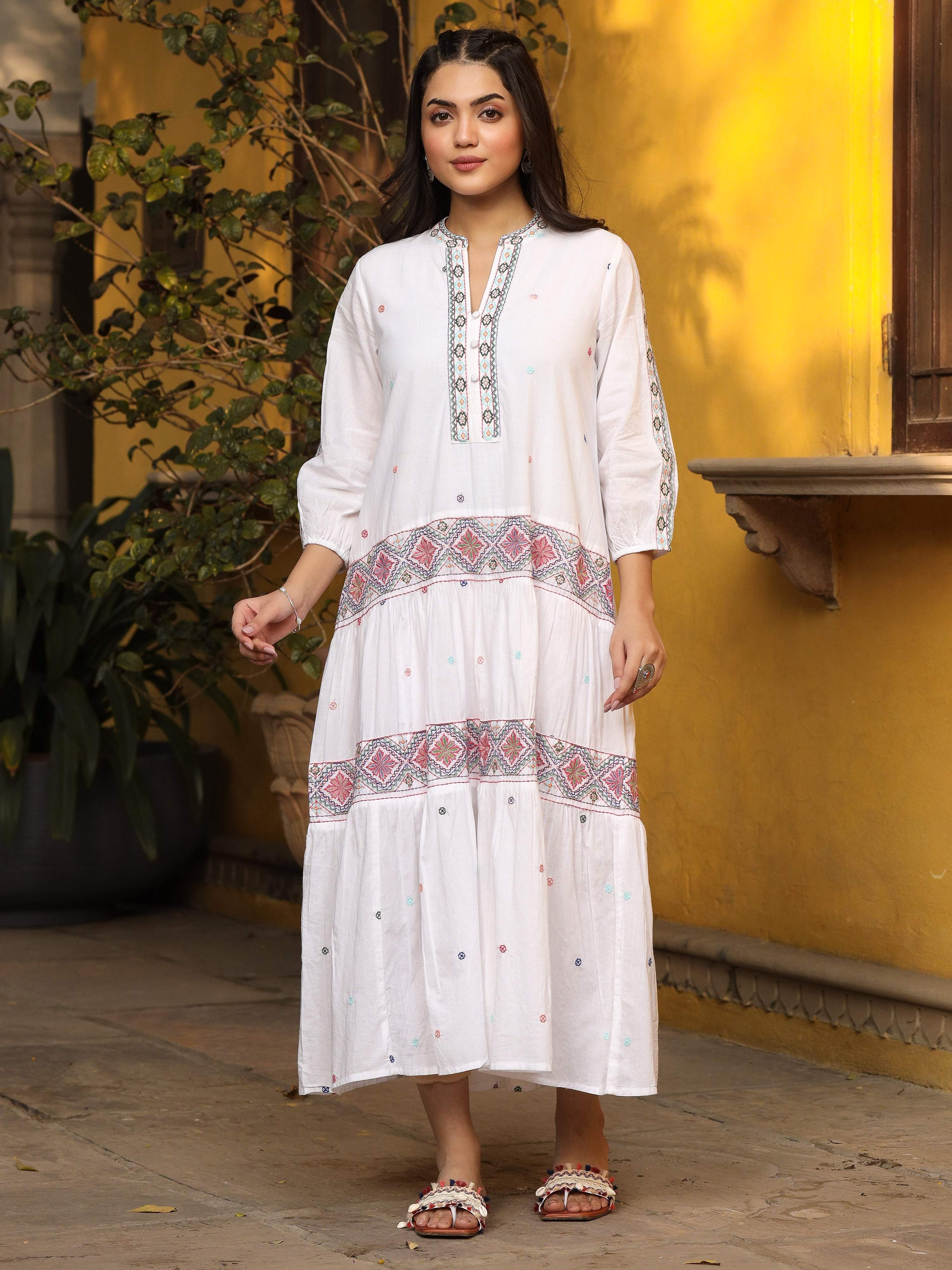 Juniper White Pure Cotton Tiered Maxi Dress With Multi-Colored Embroidery Work | Grocsy
