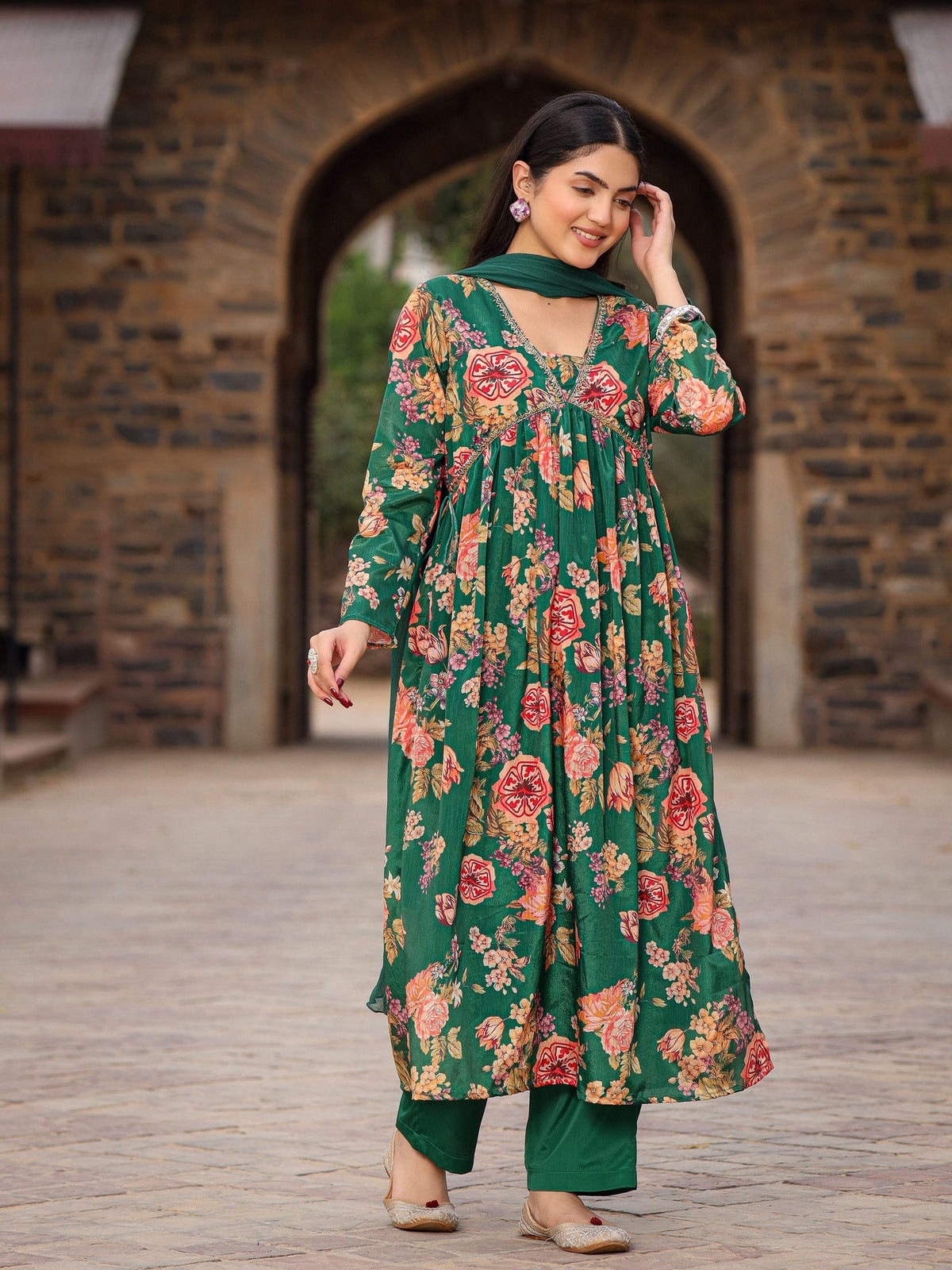 Juniper Green Floral Printed Poly Chinnon Kurta Pants & Dupatta Set With Mirror Work Embroidery | Grocsy
