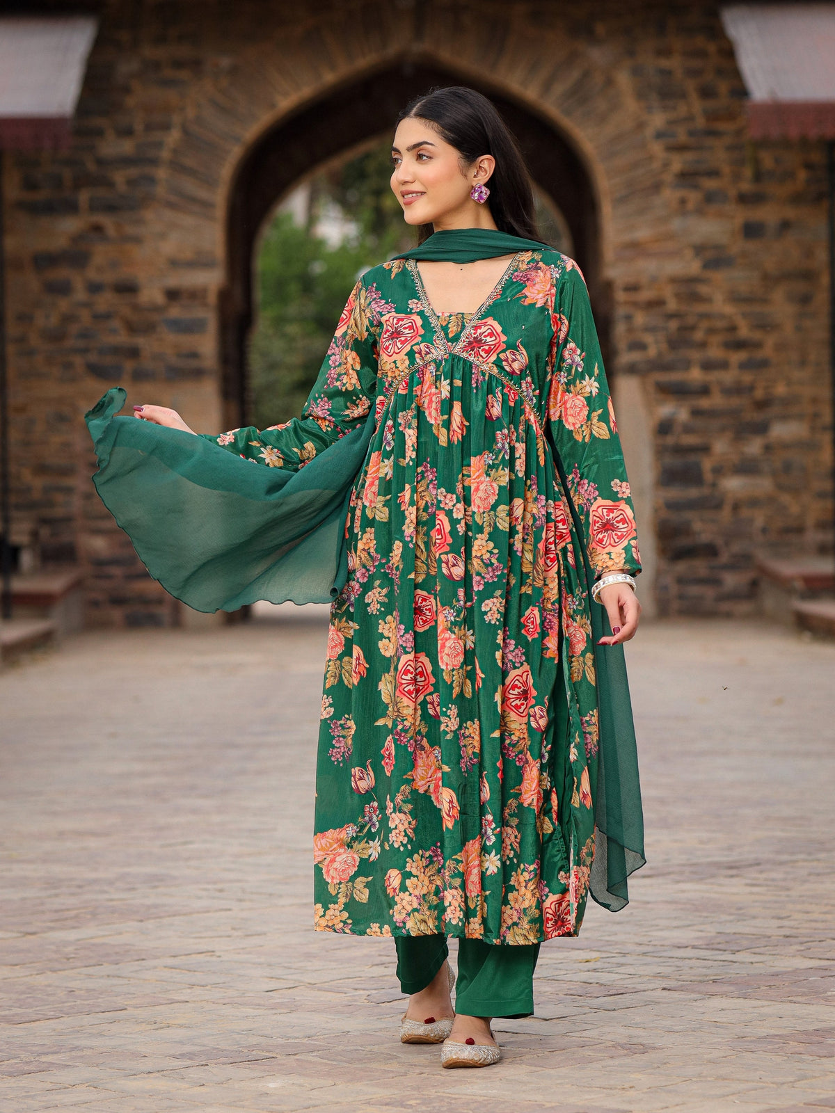 Juniper Green Floral Printed Poly Chinnon Kurta Pants & Dupatta Set With Mirror Work Embroidery | Grocsy
