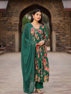 Juniper Green Floral Printed Poly Chinnon Kurta Pants & Dupatta Set With Mirror Work Embroidery | Grocsy