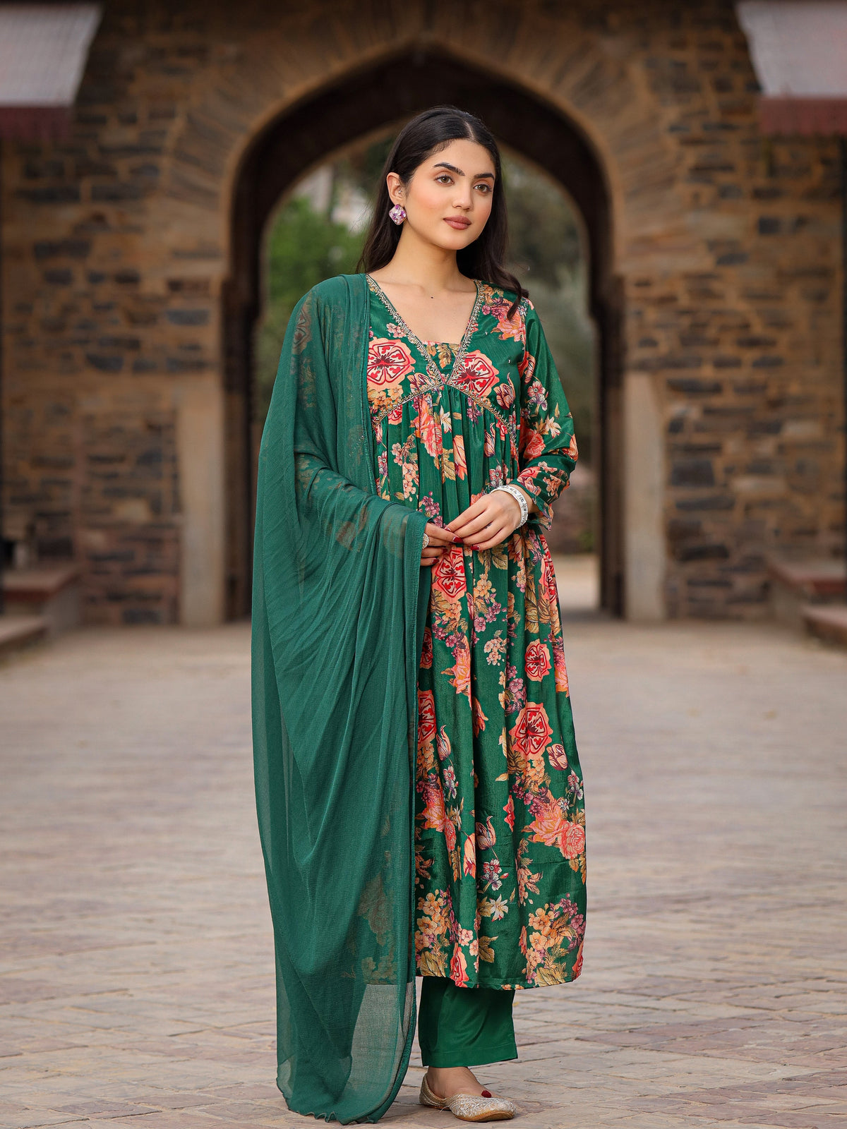Juniper Green Floral Printed Poly Chinnon Kurta Pants & Dupatta Set With Mirror Work Embroidery | Grocsy