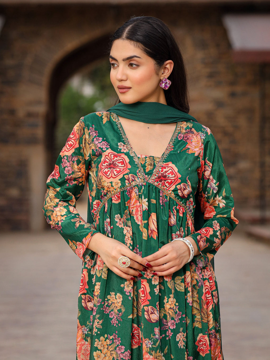 Juniper Green Floral Printed Poly Chinnon Kurta Pants & Dupatta Set With Mirror Work Embroidery | Grocsy