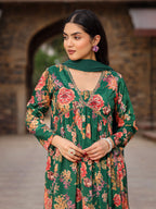 Juniper Green Floral Printed Poly Chinnon Kurta Pants & Dupatta Set With Mirror Work Embroidery | Grocsy