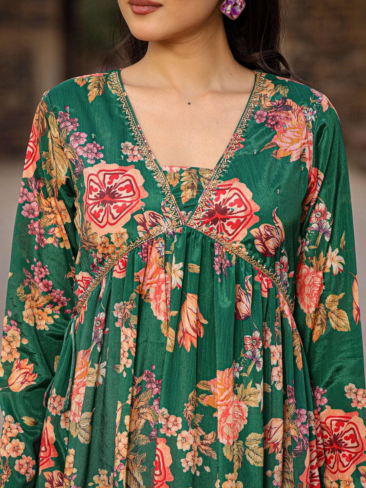 Juniper Green Floral Printed Poly Chinnon Kurta Pants & Dupatta Set With Mirror Work Embroidery | Grocsy