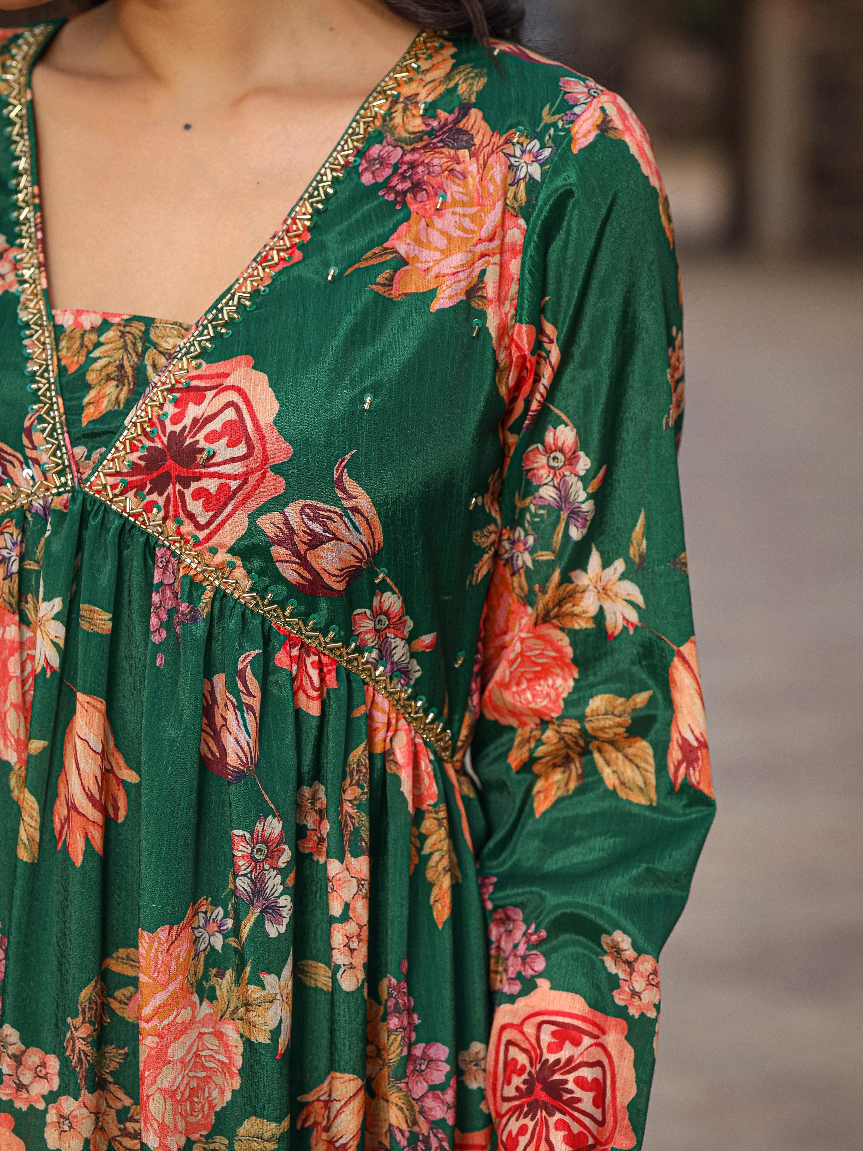 Juniper Green Floral Printed Poly Chinnon Kurta Pants & Dupatta Set With Mirror Work Embroidery | Grocsy