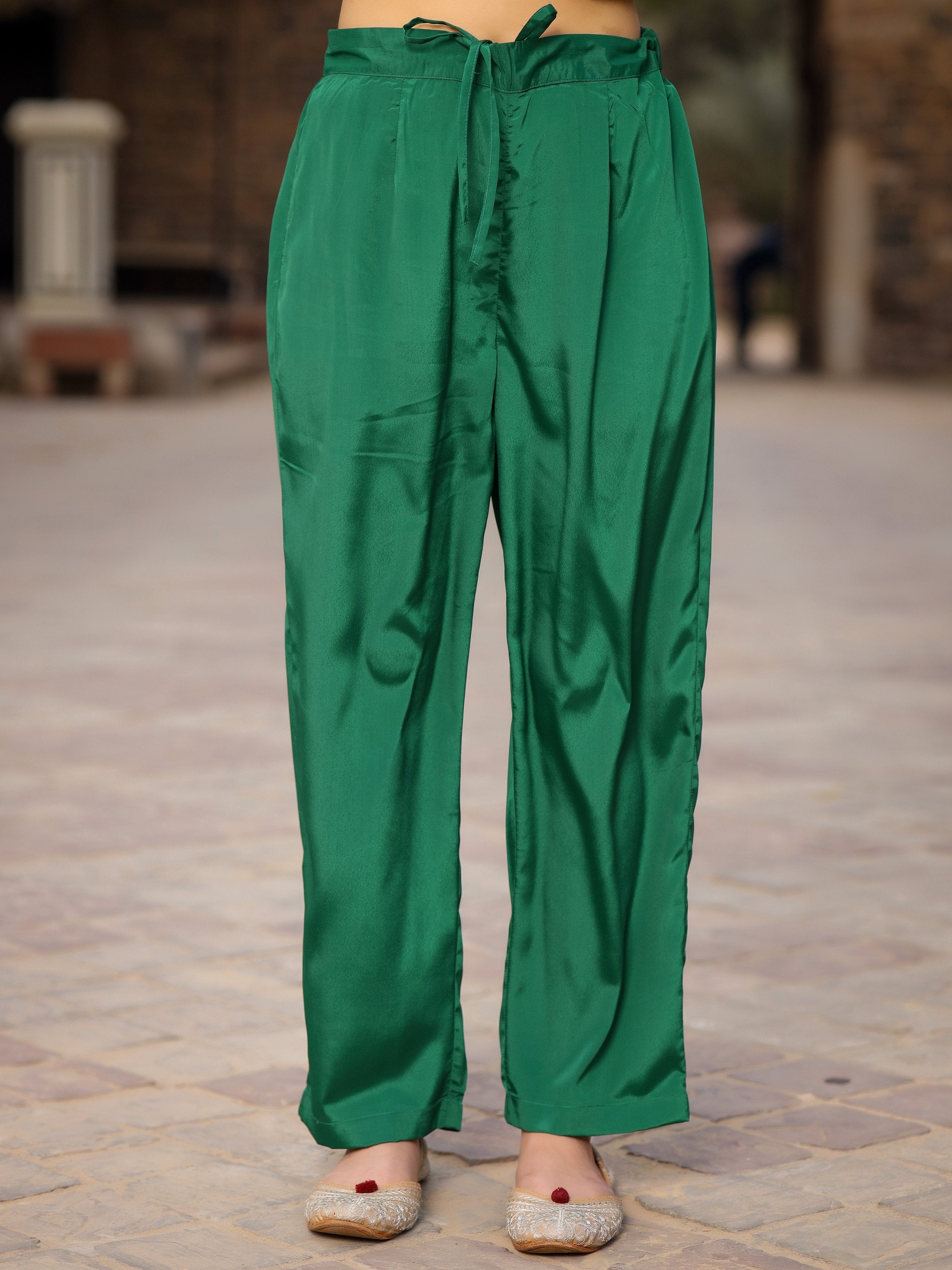 Juniper Green Floral Printed Poly Chinnon Kurta Pants & Dupatta Set With Mirror Work Embroidery | Grocsy