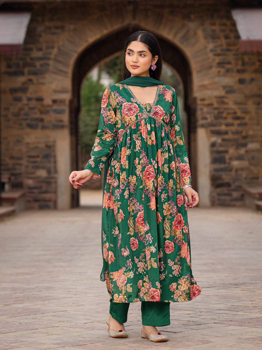 Juniper Green Floral Printed Poly Chinnon Kurta Pants & Dupatta Set With Mirror Work Embroidery | Grocsy