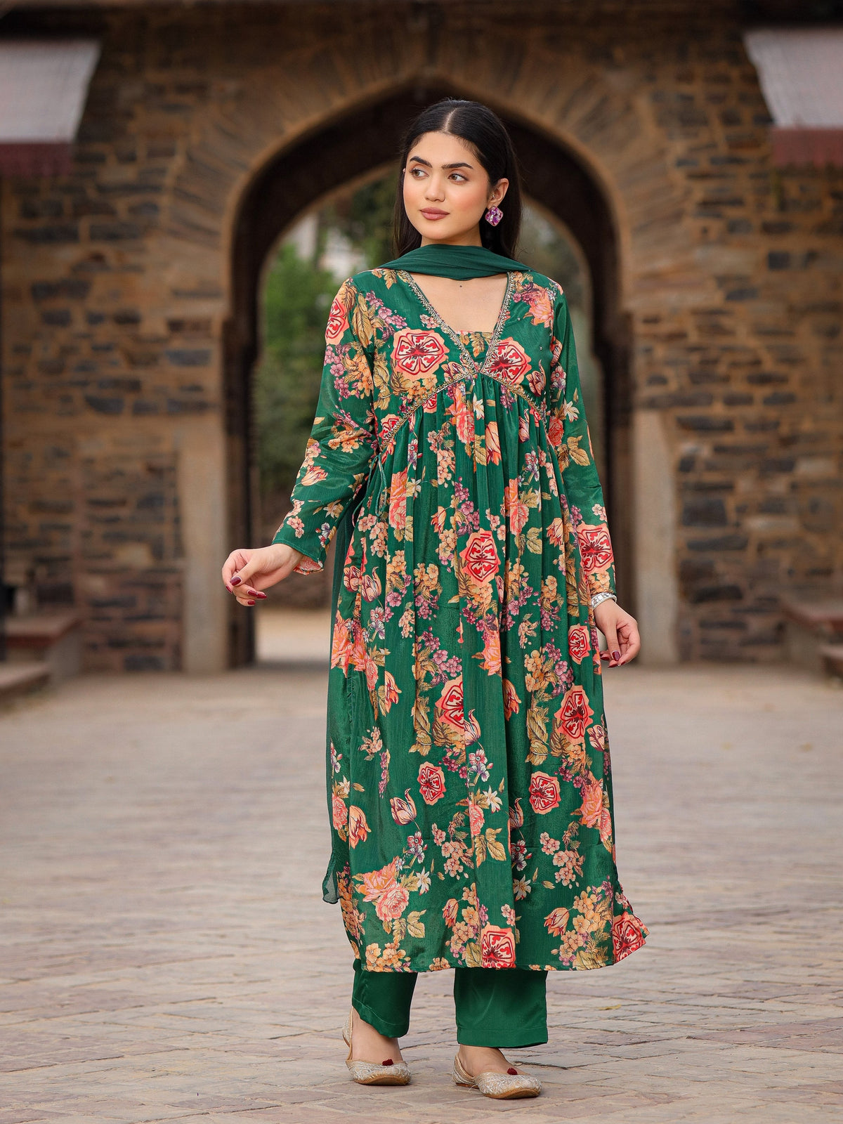 Juniper Green Floral Printed Poly Chinnon Kurta Pants & Dupatta Set With Mirror Work Embroidery | Grocsy