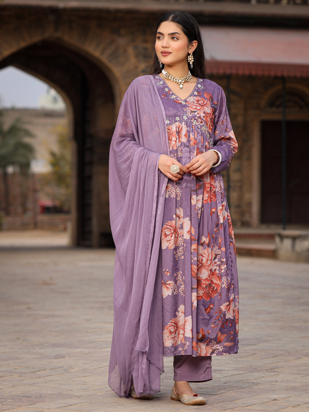 Juniper Mauve Floral Printed Poly Chinnon Kurta Pants & Dupatta Set With Mirror Work Embroidery | Grocsy