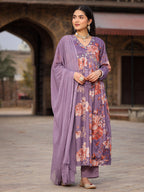Juniper Mauve Floral Printed Poly Chinnon Kurta Pants & Dupatta Set With Mirror Work Embroidery | Grocsy