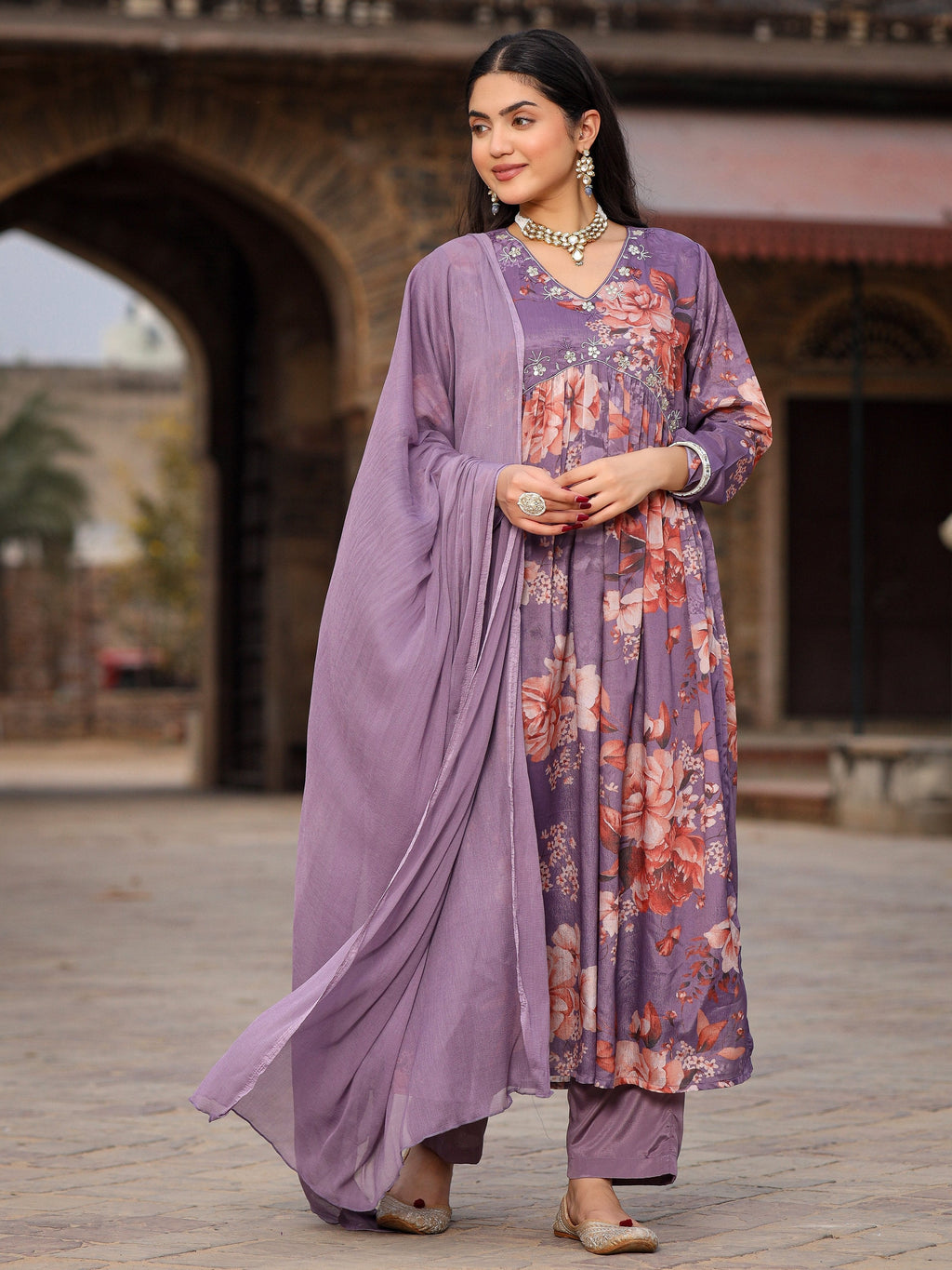 Juniper Mauve Floral Printed Poly Chinnon Kurta Pants & Dupatta Set With Mirror Work Embroidery | Grocsy