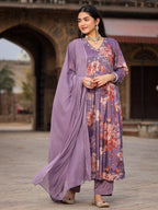 Juniper Mauve Floral Printed Poly Chinnon Kurta Pants & Dupatta Set With Mirror Work Embroidery | Grocsy