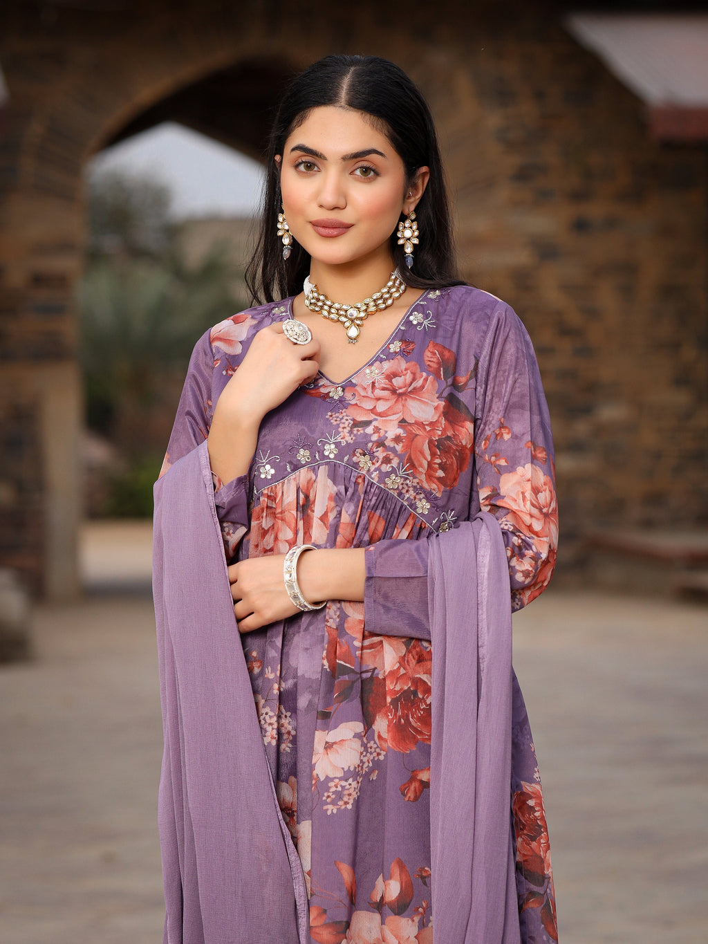 Juniper Mauve Floral Printed Poly Chinnon Kurta Pants & Dupatta Set With Mirror Work Embroidery | Grocsy