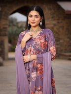 Juniper Mauve Floral Printed Poly Chinnon Kurta Pants & Dupatta Set With Mirror Work Embroidery | Grocsy